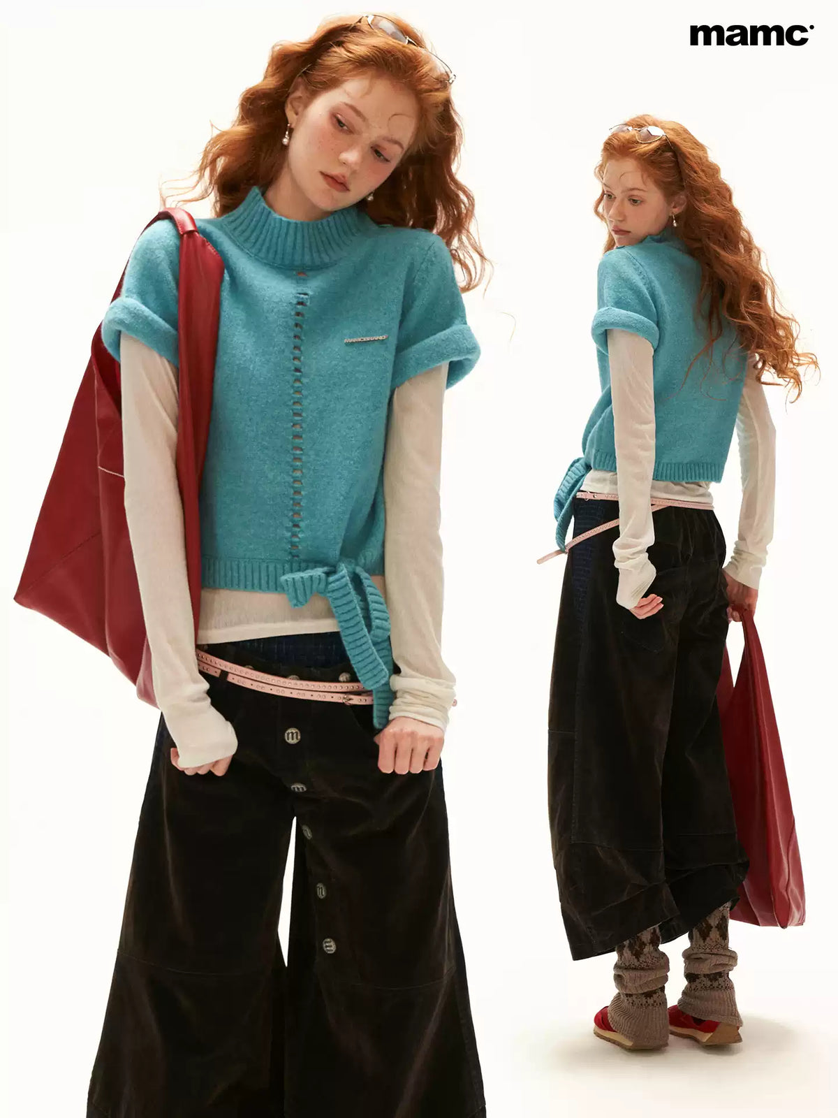 MAMC - Blue Ribbed Mock-Neck Tie-Hem Knit Sweater