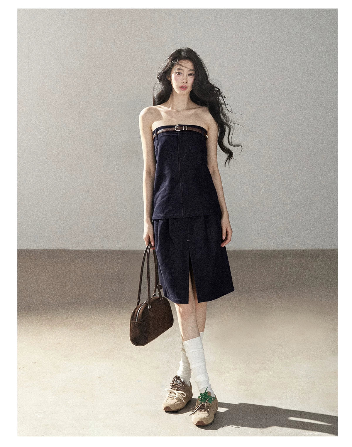 AOMALM - "Bluebell in Suspension" Navy Blue Korean Denim-Inspired 2-Piece Skirt Set