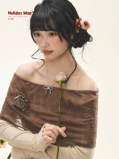 "Vintage Contrast" Brown Apricot Off-Shoulder Floral Knit Top