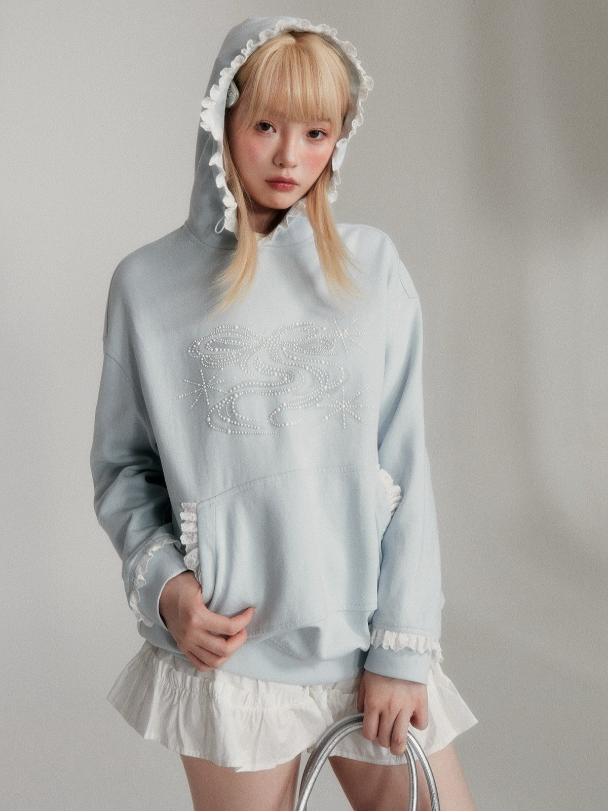 “Island Shell Blue” Pearl-Embellished Lace-Trim Hoodie 2416