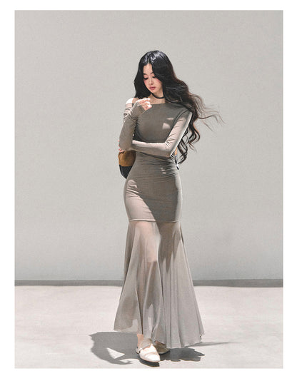 少也眼 "The Silent Heiress" Ash Camel Slim-Fit Evening Maxi Dress 76867845