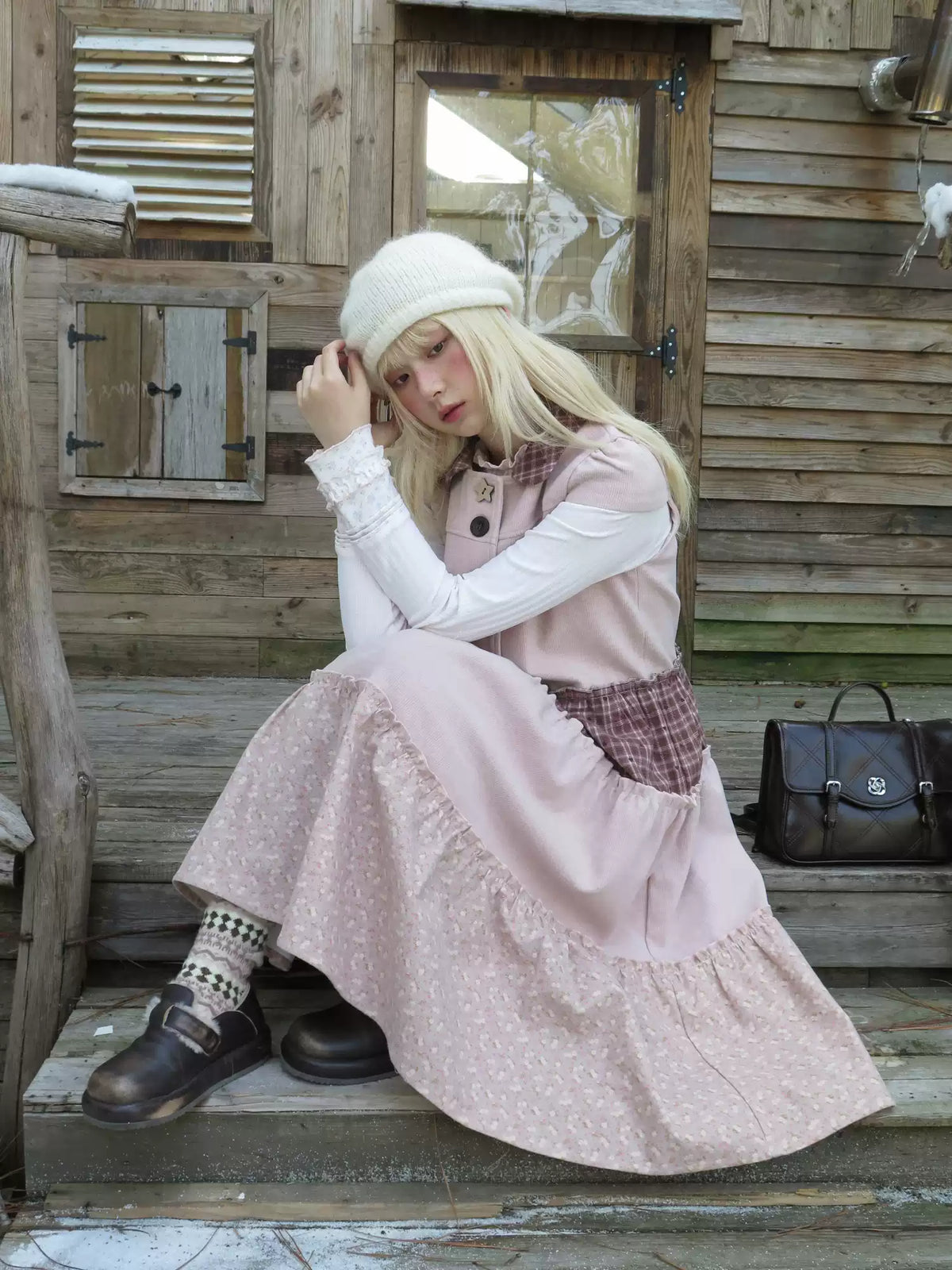 RF - Dusty Pink Patchwork Sleeveless A-Line Dress with Star Buttons