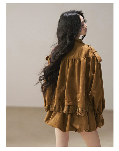 AOMALM - "Wind Through the Valley" Toasted Pecan Brown Faux Suede Jacket & Mini Skirt Set