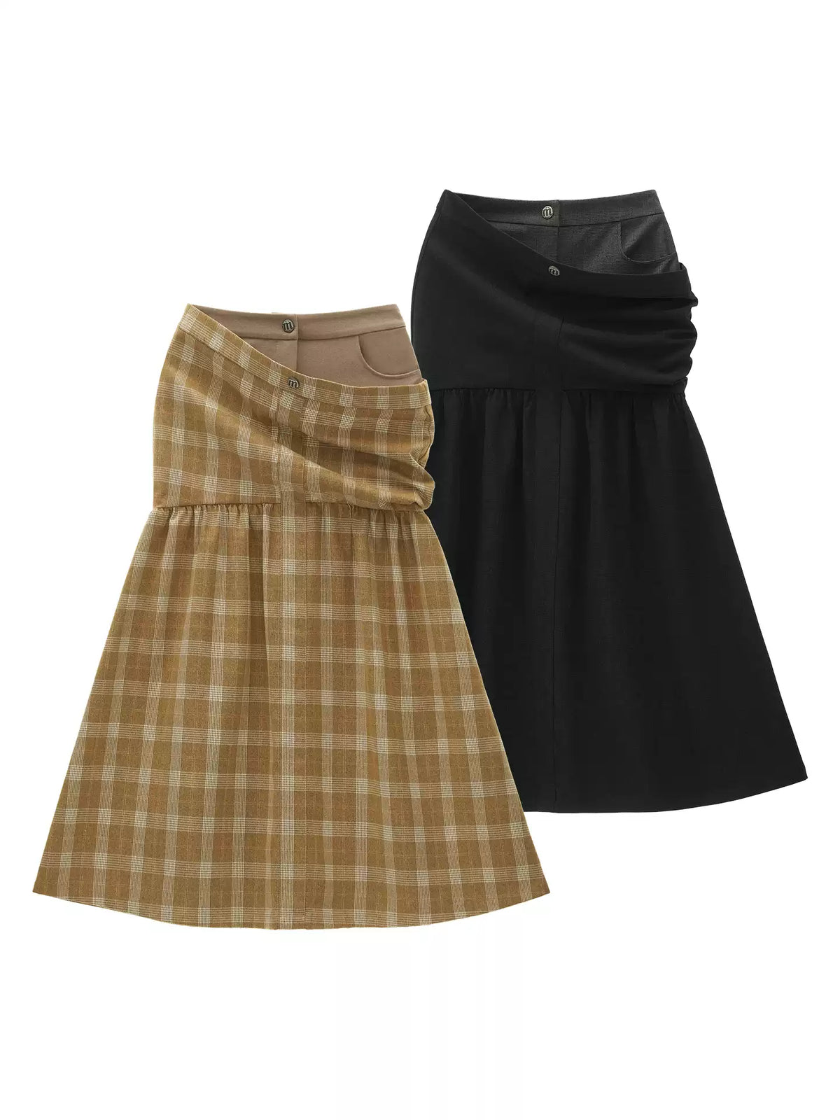 MAMC - Vintage Plaid A-Line Skirt with Layered Waist Detail (Black / Yellow)