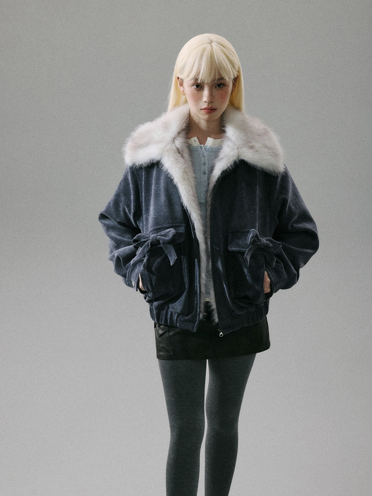 “Mist Lily Glow” Chenille Long-Fur Old Money Jacket - Gray-Blue 8002