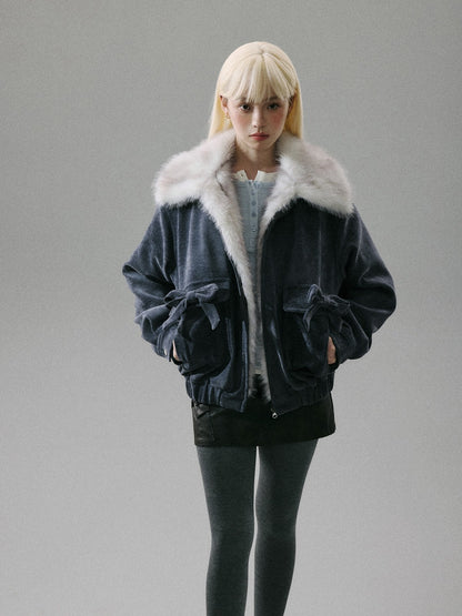 “Mist Lily Glow” Chenille Long-Fur Old Money Jacket - Gray-Blue 8002