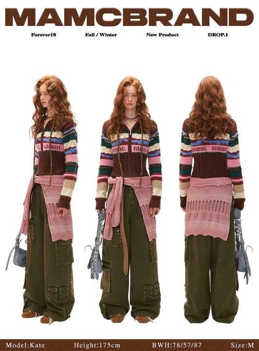 MAMC - Brown Contrast-Stripe Hooded Knit Cardigan