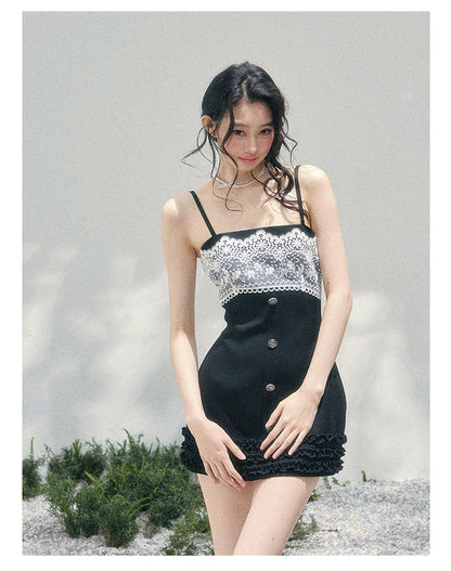“Midnight Soliloquy” Black Lace Slip Mini Dress