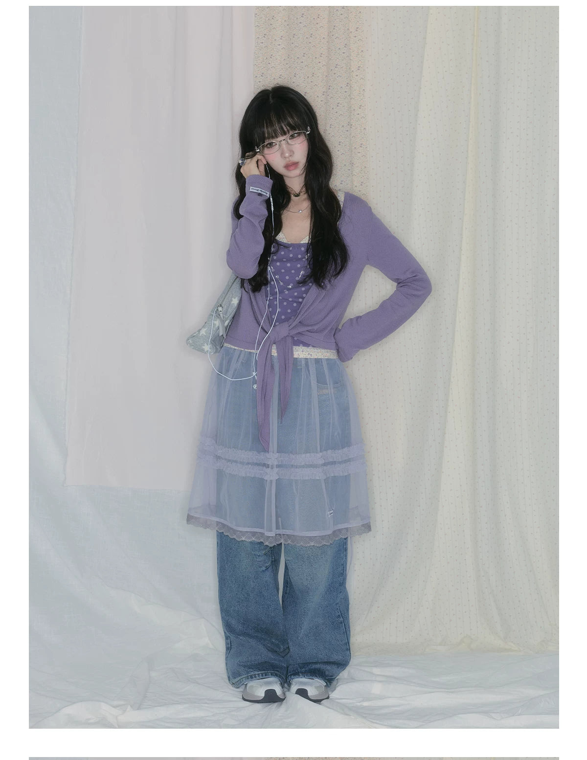 "Lavender Daydream" Layered Collection (Cami Top / Tie Cardigan / Pleated Midi Skirt / Mesh Overlay Skirt / Vintage Jeans)