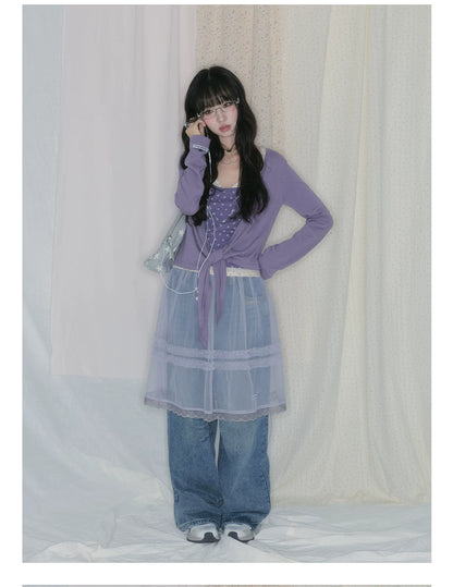 "Lavender Daydream" Layered Collection (Cami Top / Tie Cardigan / Pleated Midi Skirt / Mesh Overlay Skirt / Vintage Jeans)