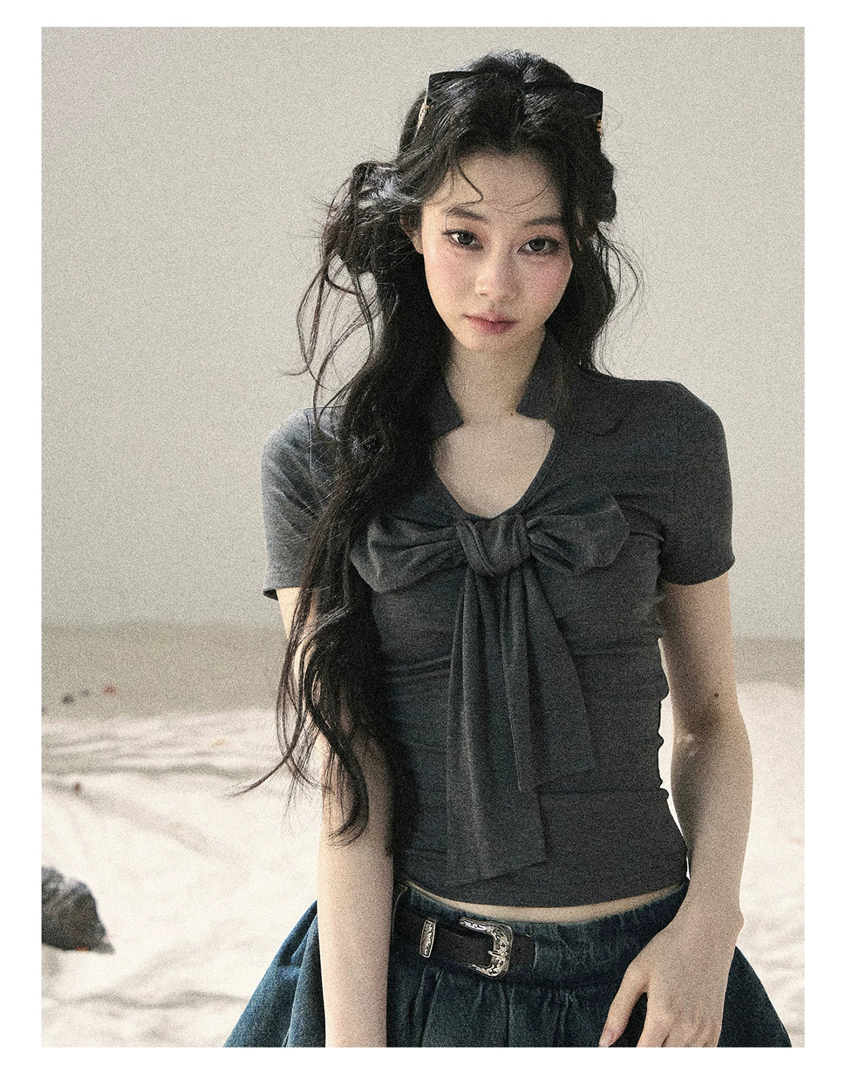 "Breeze Through the Bow" Slate Gray V-Neck Crop Top