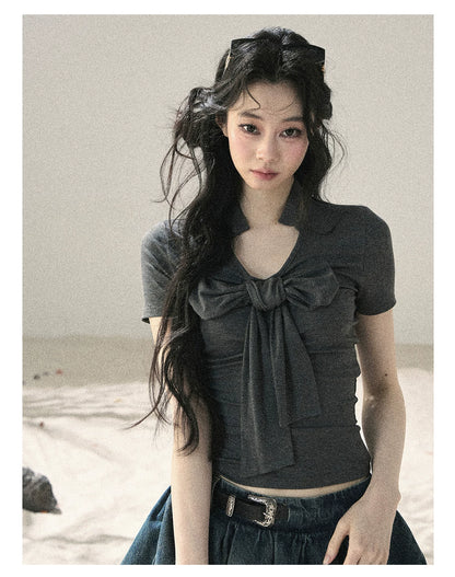 "Breeze Through the Bow" Slate Gray V-Neck Crop Top