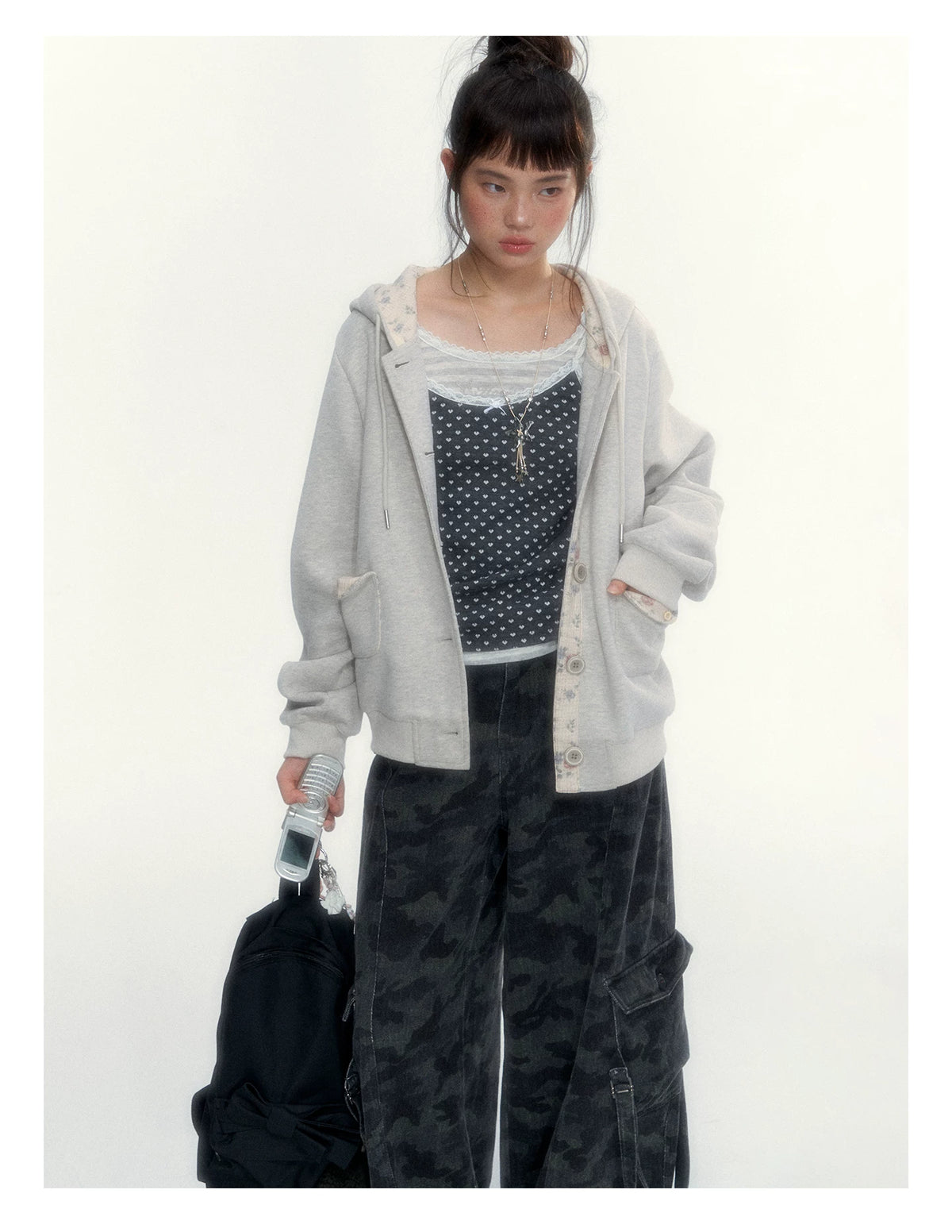 “Early Gray” Light Gray Striped Lace-Trimmed Fitted Long-Sleeve Top