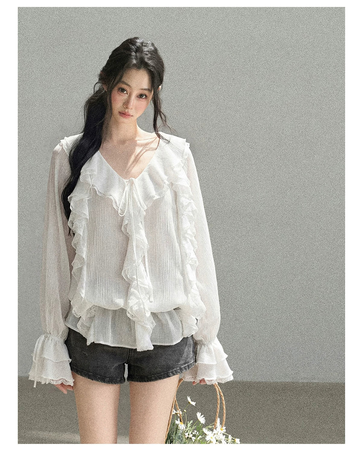 AOMALM - "A Featherlight Touch" French Camellia White Lace Chiffon Top with Belt (Camellia / Oatmeal / Cinnamon Pink)