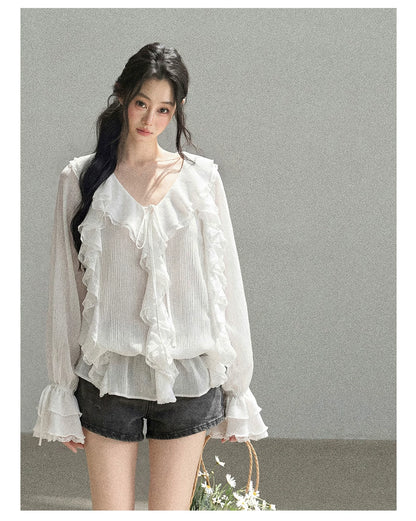 AOMALM - "A Featherlight Touch" French Camellia White Lace Chiffon Top with Belt (Camellia / Oatmeal / Cinnamon Pink)