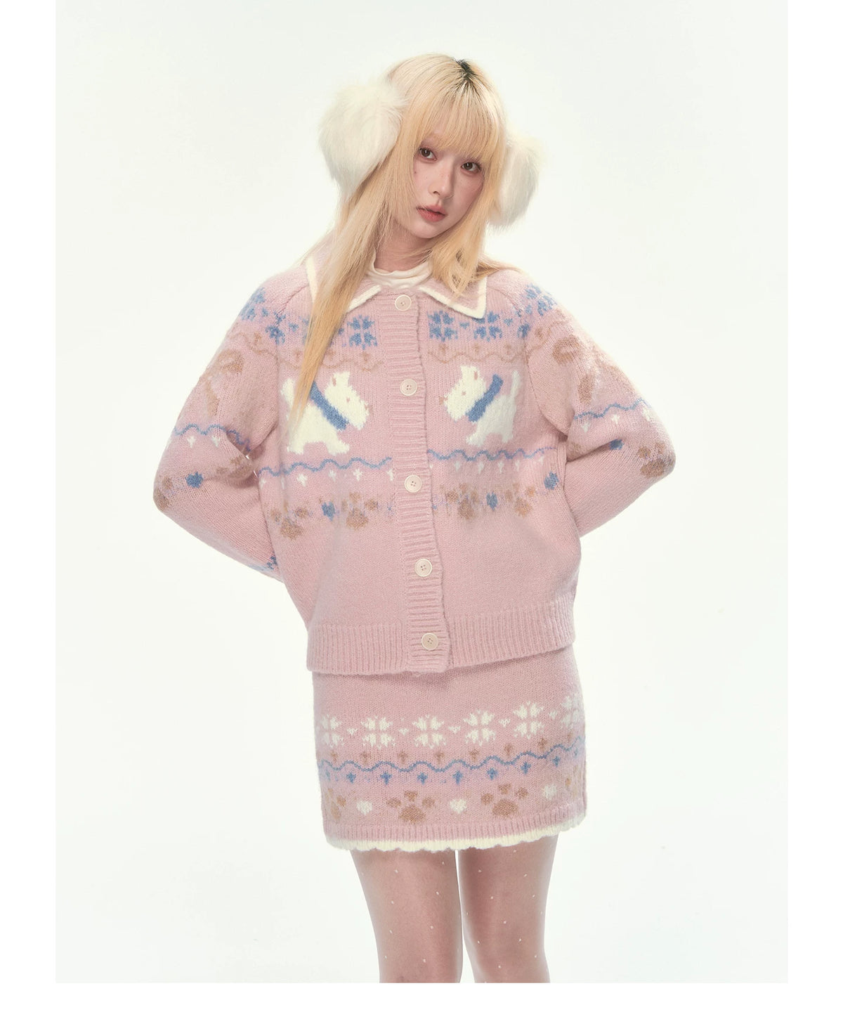 [CAN] Puppy Fair Isle Knit Sweater & Skirt Set (Gray / Pink)