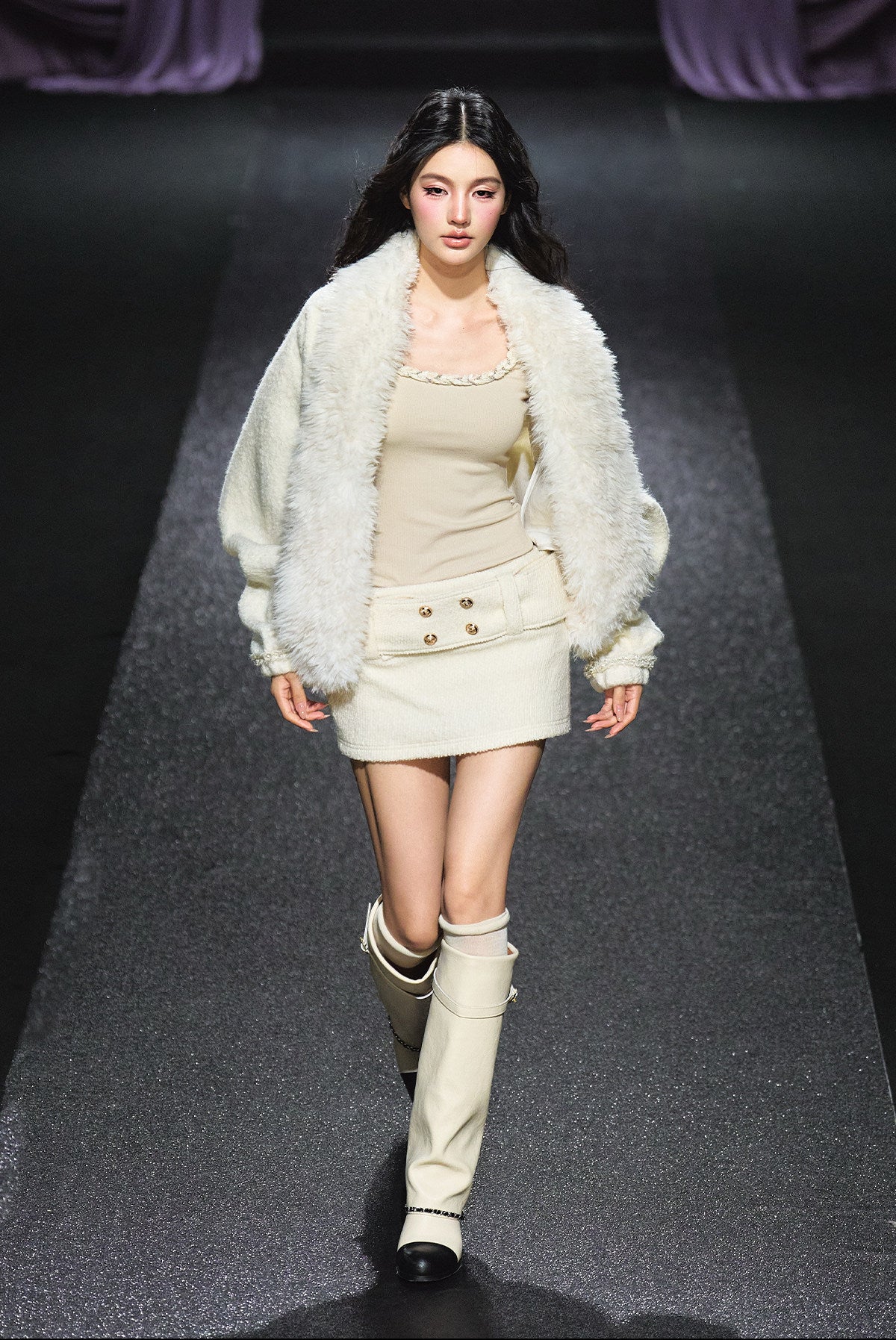 "Winter Chalet" Ivory Faux Fur Collar Padded Jacket
