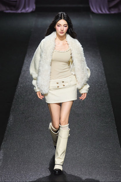 "Winter Heiress" Ivory Wool-Blend Belted A-Line Mini Skirt