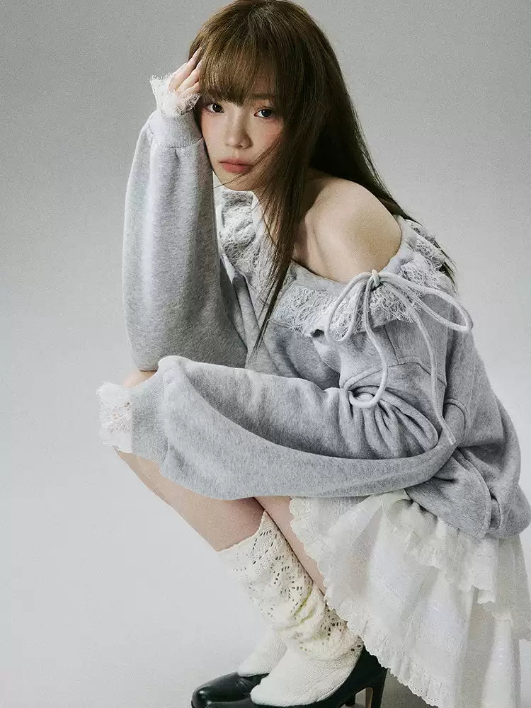 LOST FOREST - Heather Gray One-Shoulder Eyelash Lace Cotton Sweatshirt
