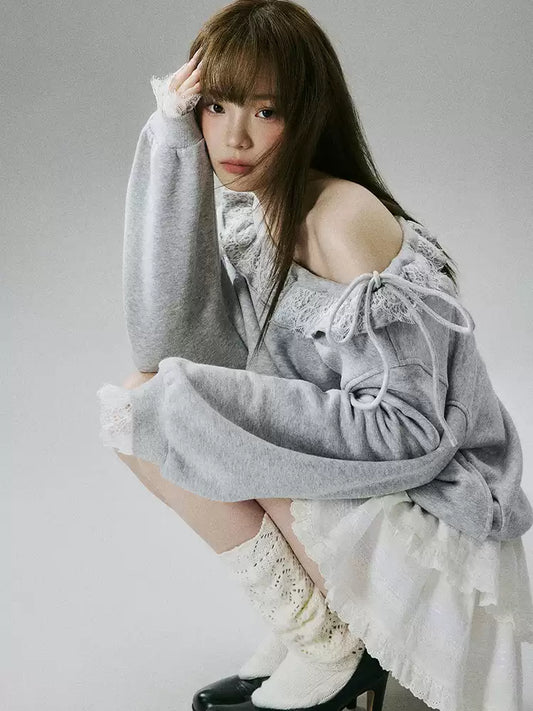LOST FOREST - Heather Gray One-Shoulder Eyelash Lace Cotton Sweatshirt