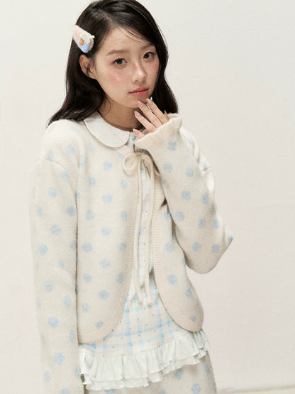 [RF] Ice Blue Polka Dot Knit Cardigan & Midi Skirt Set