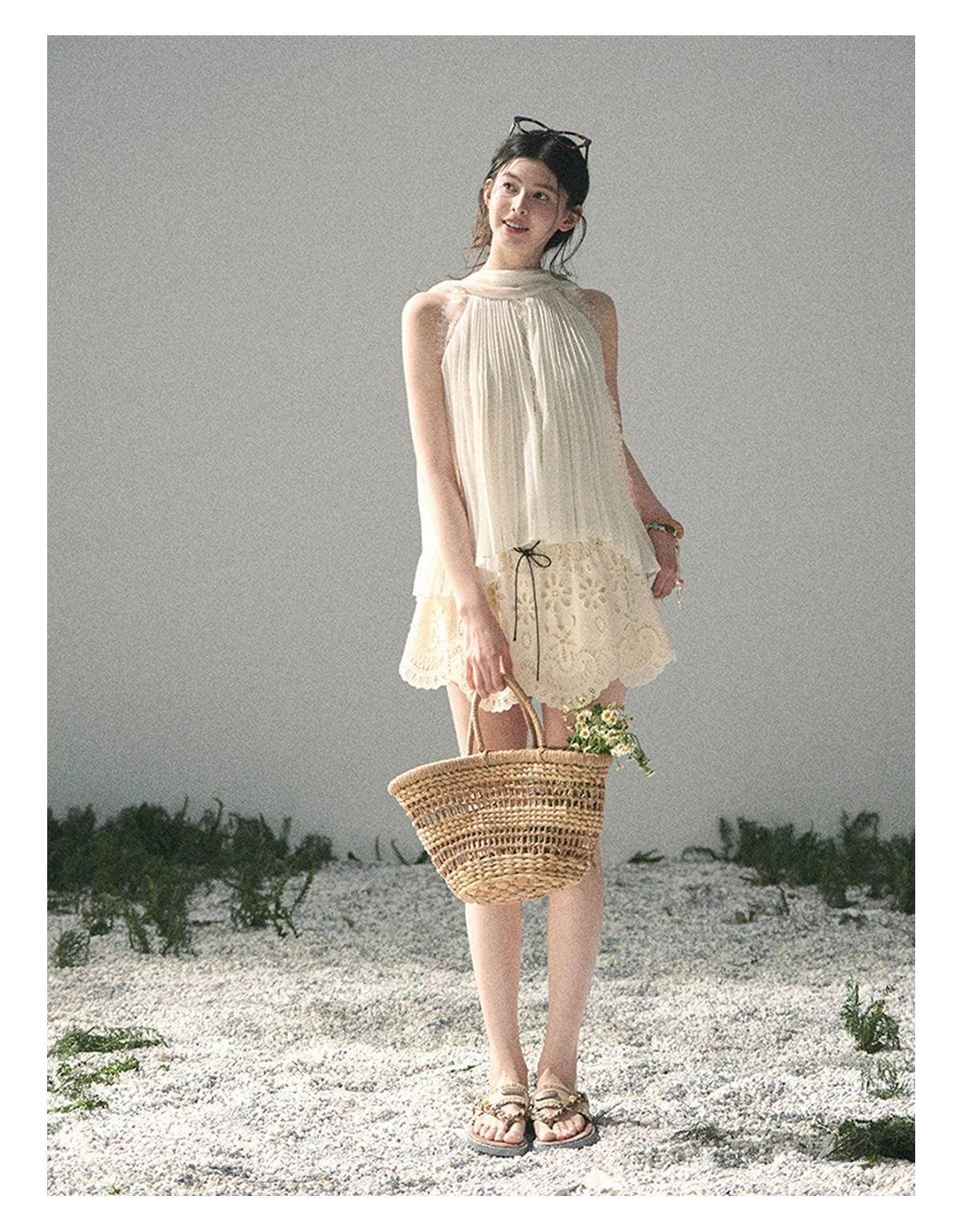 “Summer Light Through Pleats” Ivory Lace Pleated Halter Blouse