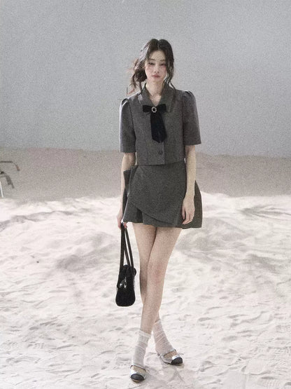 "Paris Afternoon" Slate Gray Bow Top & A-Line Mini Skirt Two-Piece Set