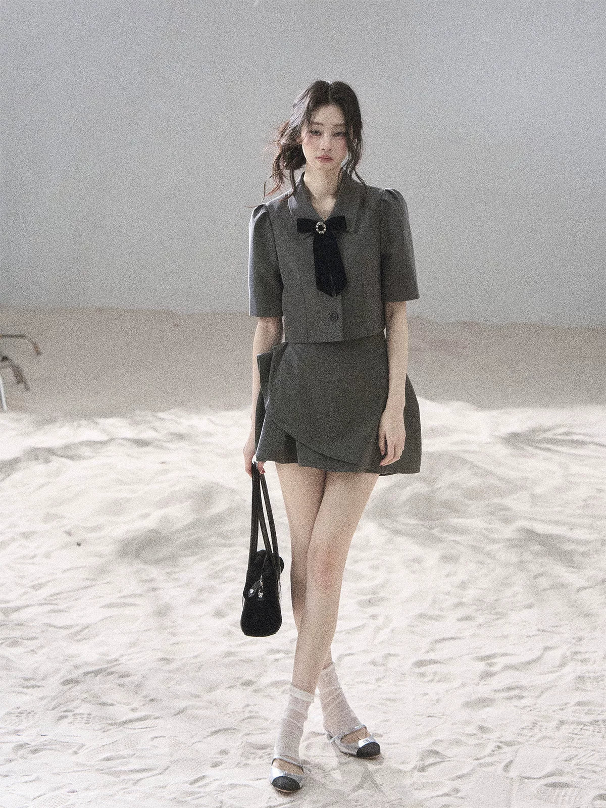 "Paris Afternoon" Slate Gray Bow Top & A-Line Mini Skirt Two-Piece Set