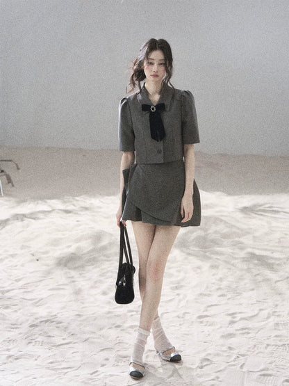 "Paris Afternoon" Slate Gray Bow Top & A-Line Mini Skirt Two-Piece Set