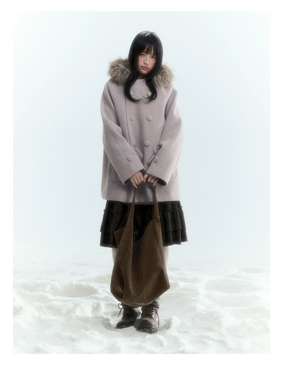 Japanese Hooded Double-Breasted Wool Coat (Deep Charcoal Gray / Taro Purple)