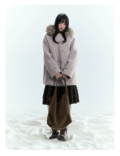 Japanese Hooded Double-Breasted Wool Coat (Deep Charcoal Gray / Taro Purple)