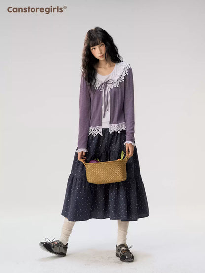 [CAN] “Rose in Bloom” Lavender Knit Cardigan & Floral Skirt 3-Piece Set