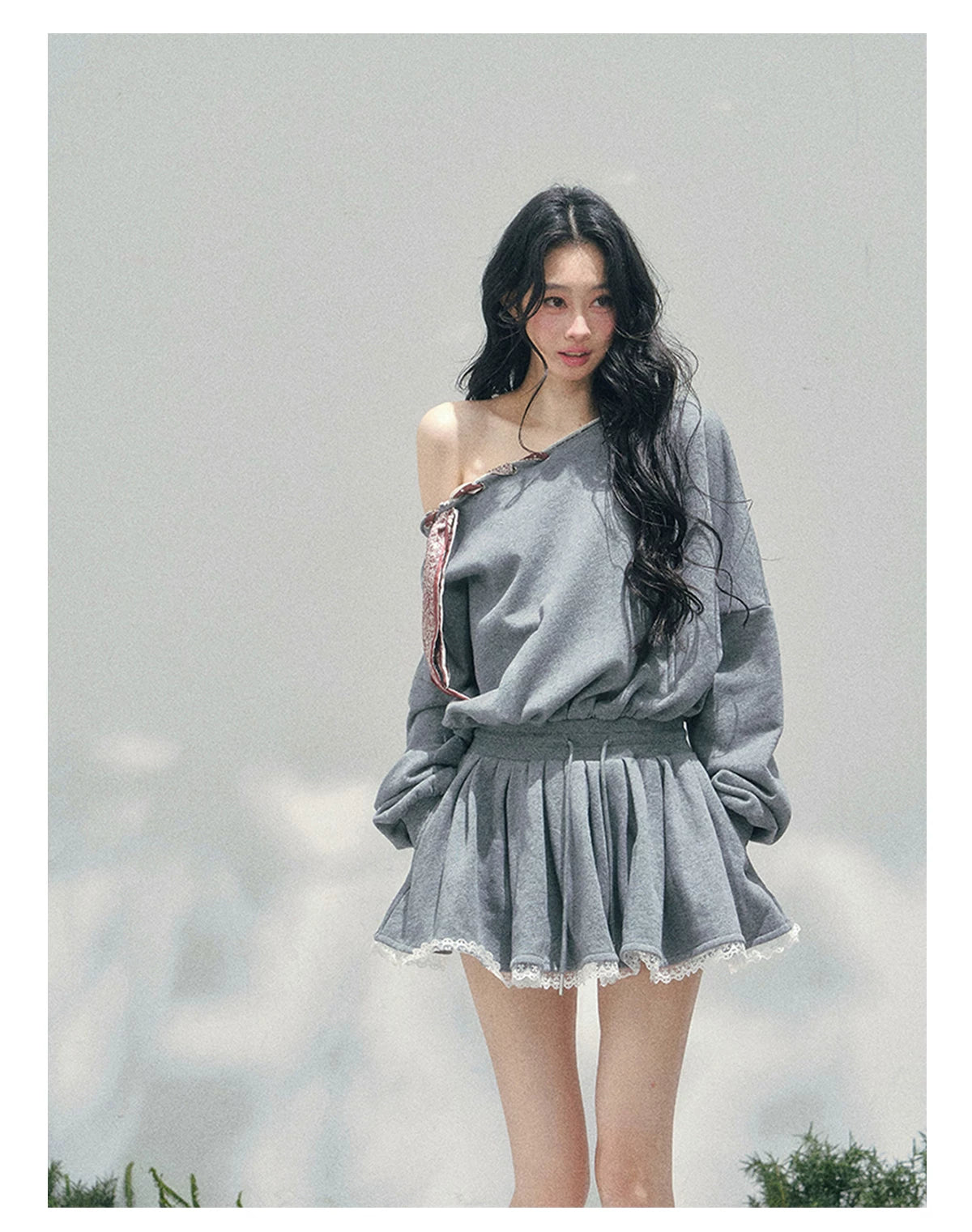 “The Wind Blushes” Lace Trim Off-Shoulder Sweatshirt Dress