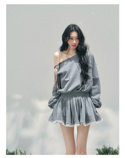“The Wind Blushes” Lace Trim Off-Shoulder Sweatshirt Dress