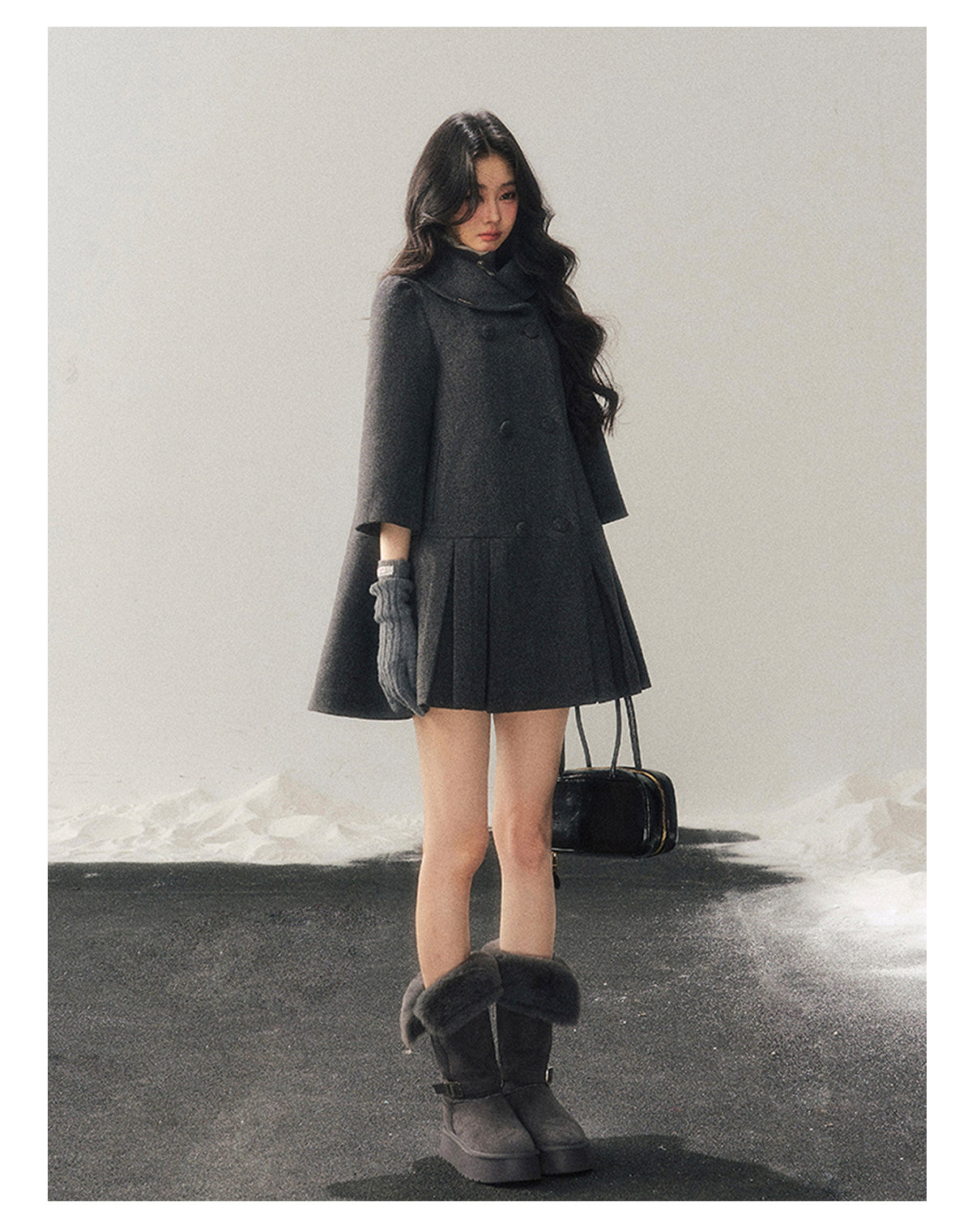 少也眼 "Luxembourg Heiress" Deep Rock Gray Preppy Wool-Blend Mid-Length Coat