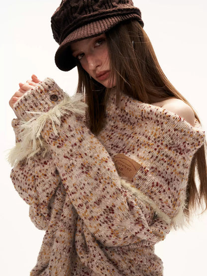 MAMC - Beige Slouchy Textured Off-Shoulder Turtleneck Sweater WE897
