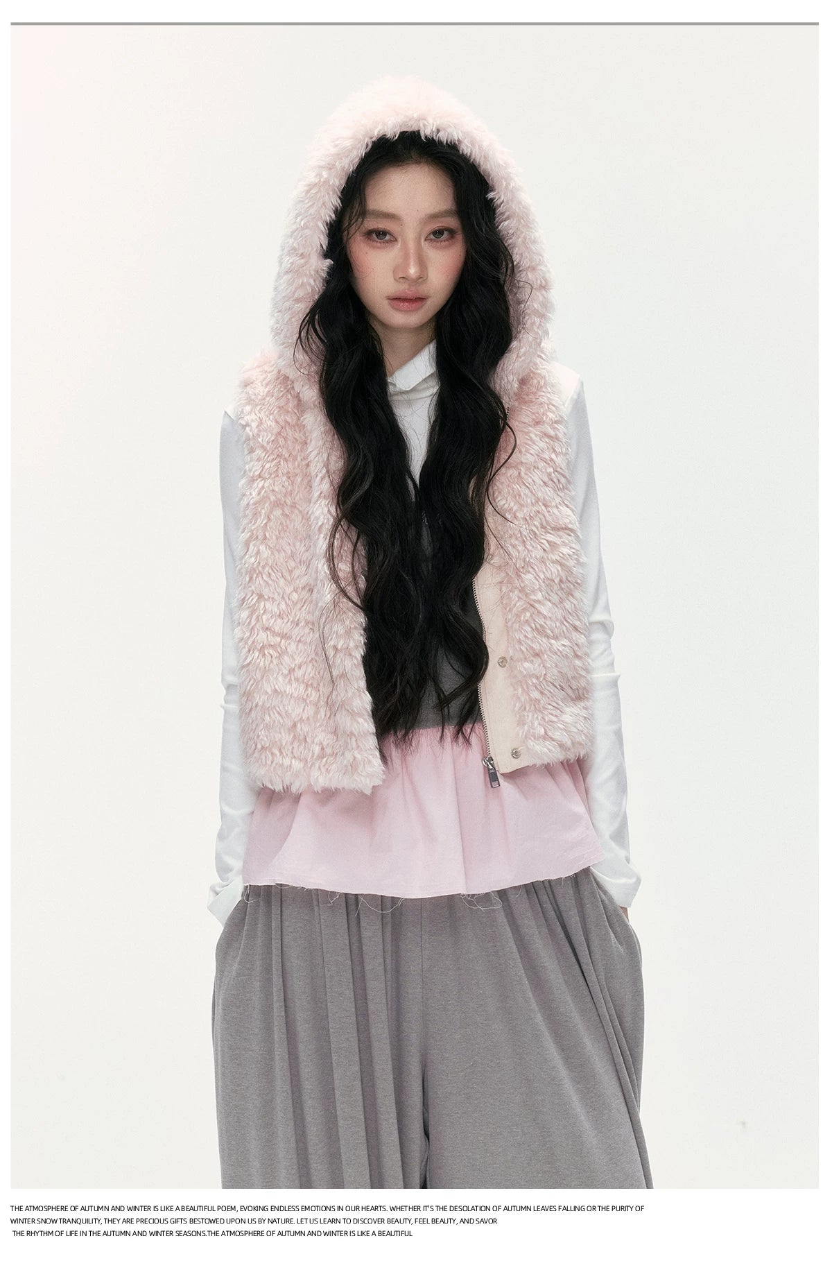 24olvides - Winter Mood Faux Fur Hooded Vest (Pink / Khaki / Cream White with Polka Dots)