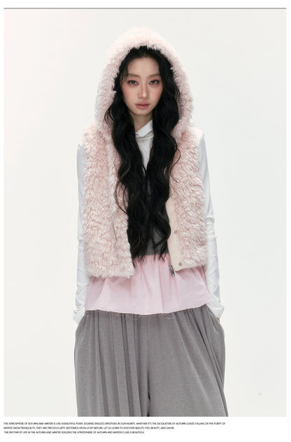 24olvides - Winter Mood Faux Fur Hooded Vest (Pink / Khaki / Cream White with Polka Dots)