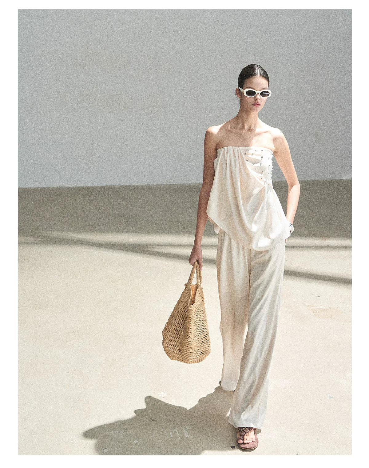 "Summer Rain at Dusk" Cream Beige Satin Two-Piece Set