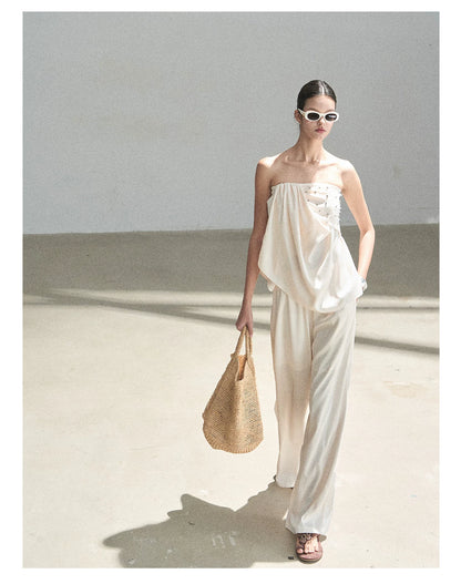 "Summer Rain at Dusk" Cream Beige Satin Two-Piece Set