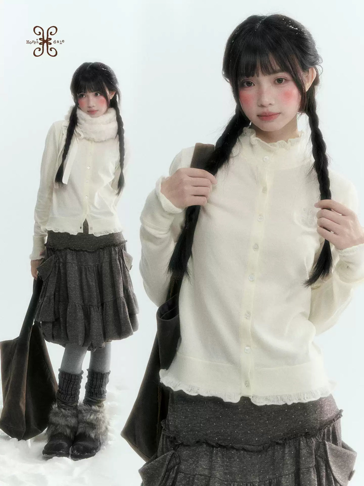 Horridale - Cloud White Ruffle Trim Embroidered Knit Top