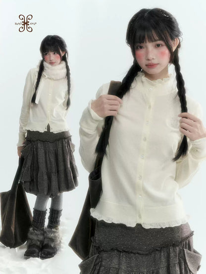 Horridale - Cloud White Ruffle Trim Embroidered Knit Top