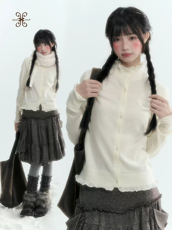 Horridale - Cloud White Ruffle Trim Embroidered Knit Top