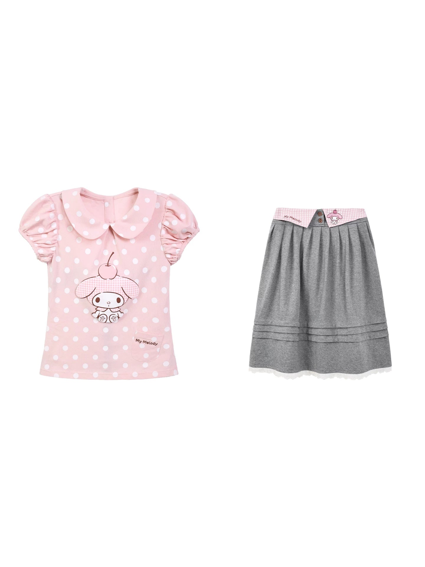 "Sweet Melody" Pink Casual Collection (Polka Dot Puff Sleeve Tee / Pleated Skirt / Bubble Skirt)