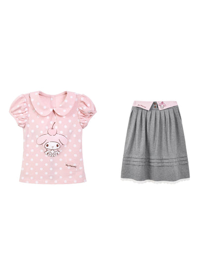 "Sweet Melody" Pink Casual Collection (Polka Dot Puff Sleeve Tee / Pleated Skirt / Bubble Skirt)