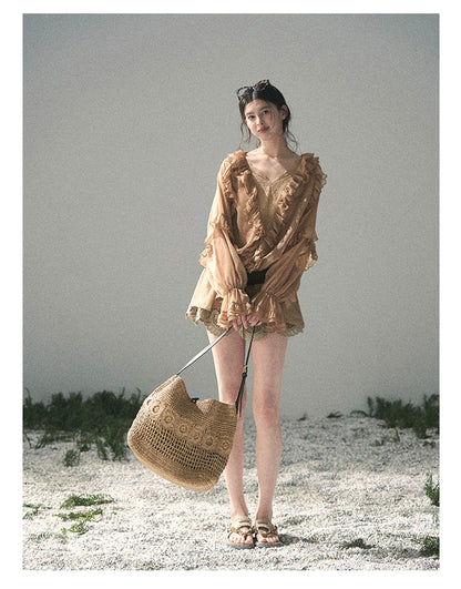 “Whispers of the Wind” Ash Caramel Lace Chiffon Blouse (With Belt)