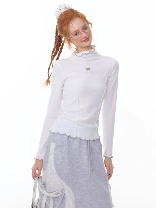 ZiziFei - White Sheer Ruffled Mock Neck Base Layer Top with Butterfly Accent