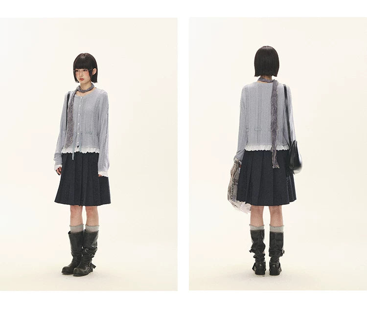 "Wisteria Whisper" Open-Knit Lace Tie Cardigan (Wisteria/ Ivory)