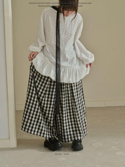 "Quiet Check" Plaid Wide Leg Trousers (Black & White Plaid)