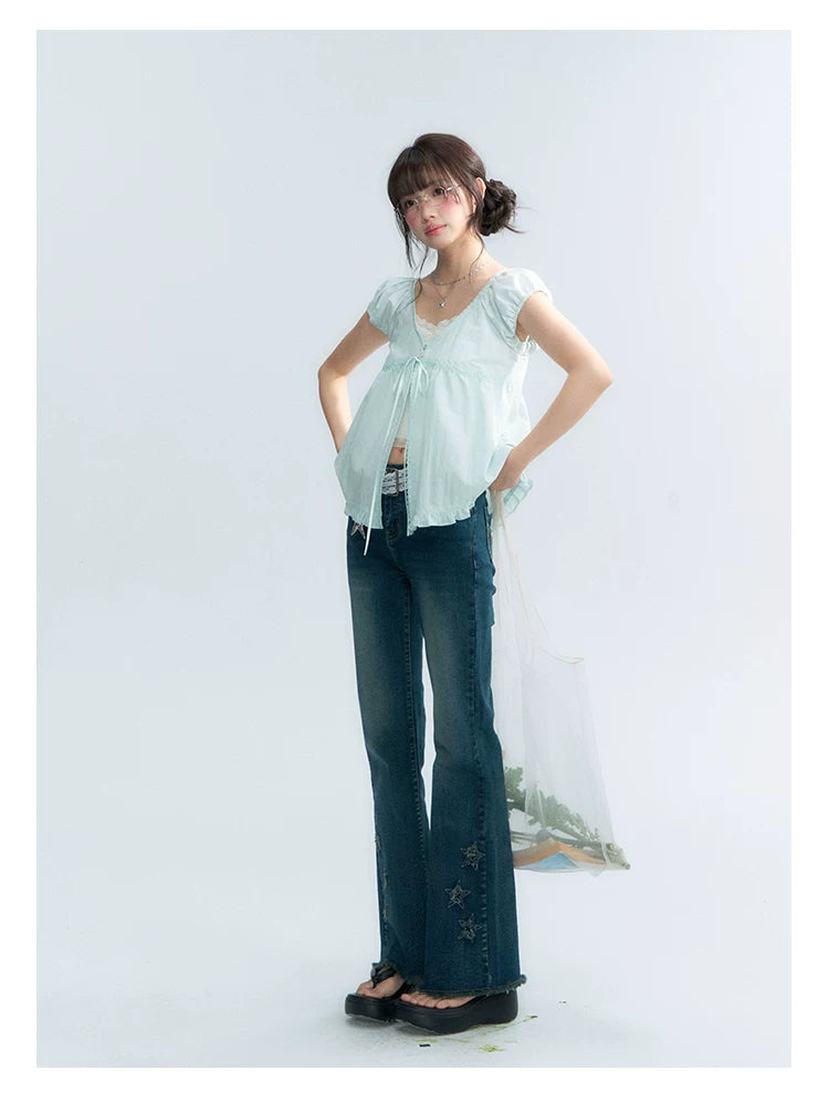 "Mint Morning Glow" Mint Green Lace Tie-Front Cardigan Blouse